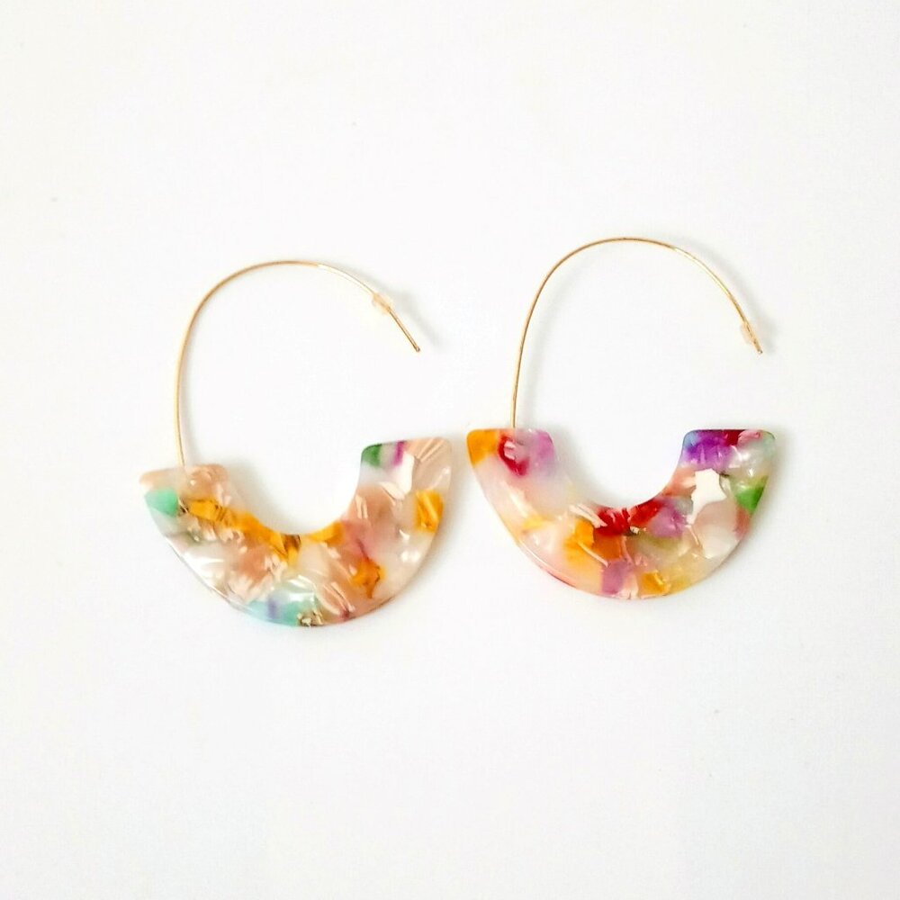 Marbled Semi-Hoop Resin Earrings Gold Tone Multi Color Dangle